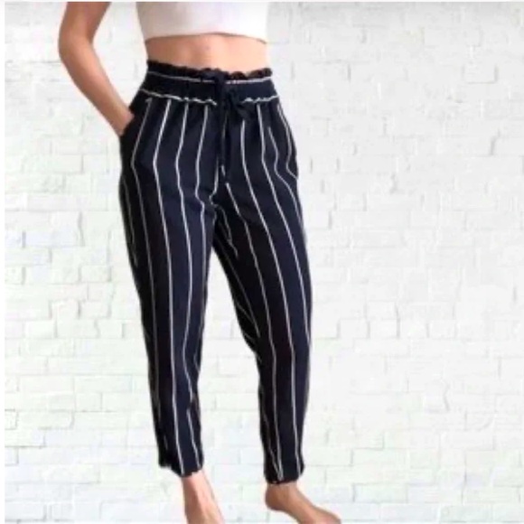 Zara Pants - ZARA TRF Collection Blue White Striped Paperbag Pants